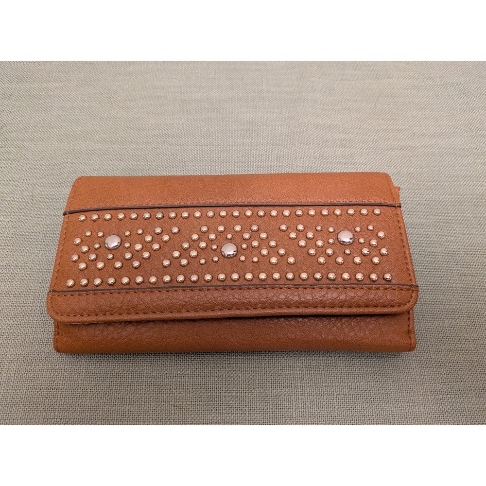 Enzo Angiolini Cognac Brown Studded Trifold Wallet Rose Gold Faux Leather